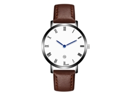 Relógio masculino de quartzo com pulseira de couro sintético, numerais romanos, mostrador azul e ponteiro marrom escuro.
