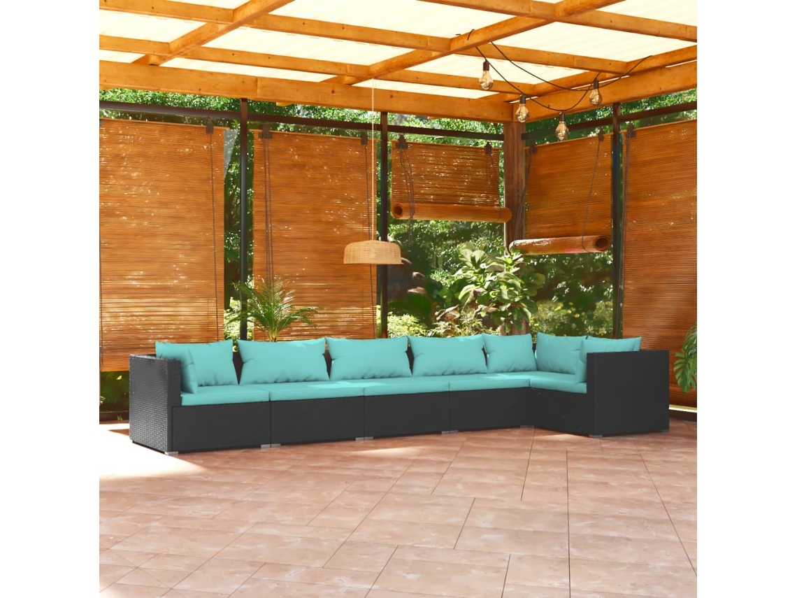 Vidaxl 6 Pcs Conjunto Lounge De Jardim C/ Almofadões Vime Pe Preto