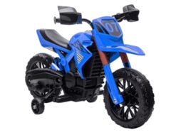 Motocicleta elétrica infantil +3 anos com rodas auxiliares e buzina 12V, carga 30 kg AZUL