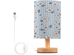 Abajur De Cabeceira Led Com Estampa Floral Para Quarto, Luminária De Leitura Com Cúpula Tecido, Base De Madeira E Porta