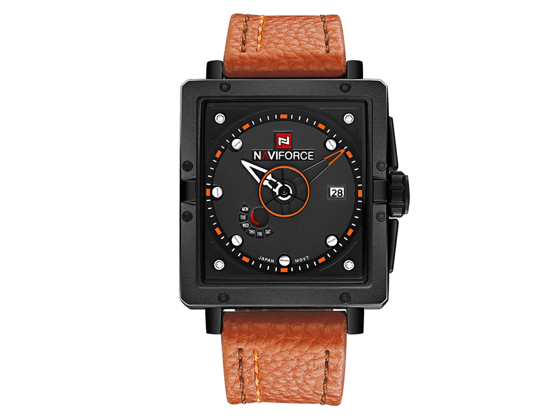 Relógio masculino Naviforce, aço inoxidável, à prova d'água, pulseira de PU marrom claro