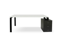 Mesa Cinza Grafite Com Gavetas. Estrutura De Metal Preta. 75 X 175,5 X 80 Cm. Tampo Branco. Ofilike