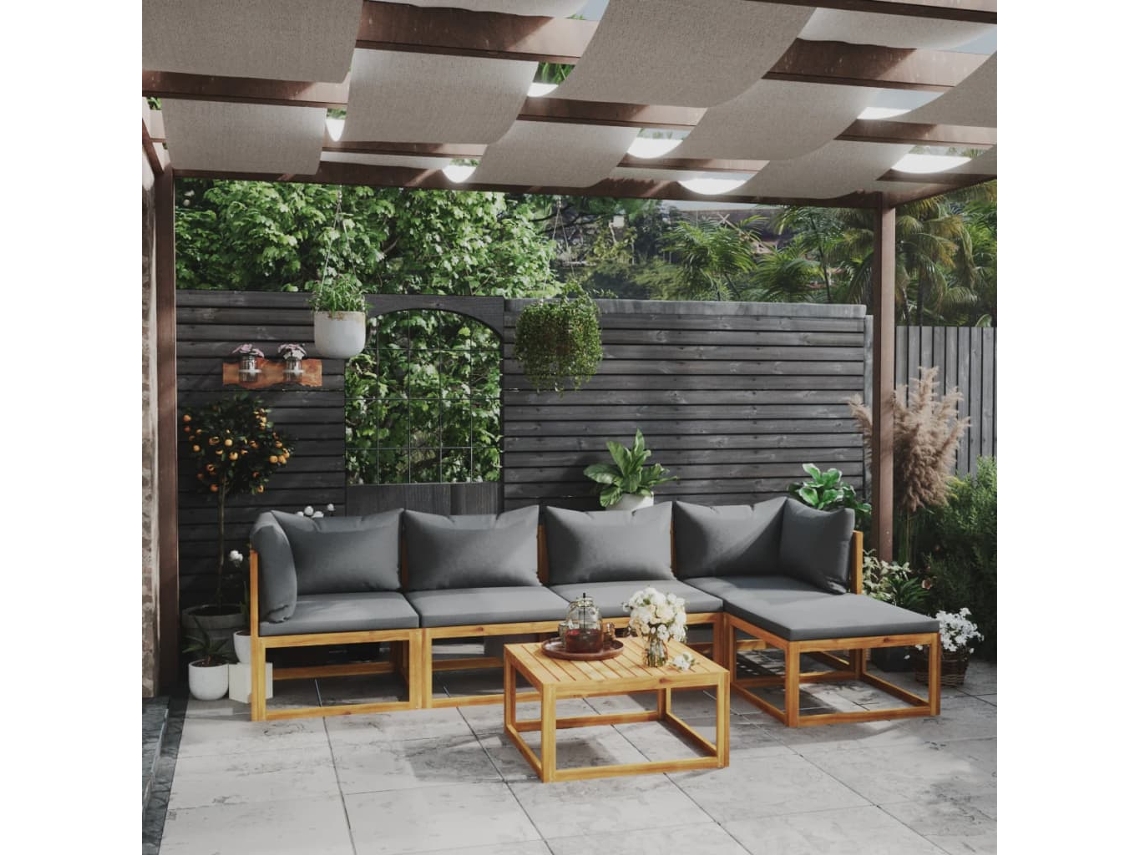 Conjunto Lounge Jardim 6 Peças C/ Almofadões Acácia Maciça Dkd Home Decor