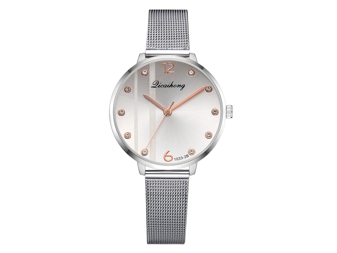 Relógio de Pulso Feminino de Quartzo com Cinto de Malha e Escala Strass Moda Branco