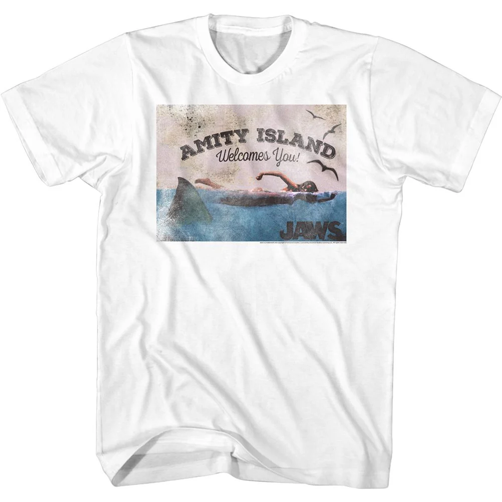 Rockinstone Jaws Movie Welcome White Adult T-shirt Size:s