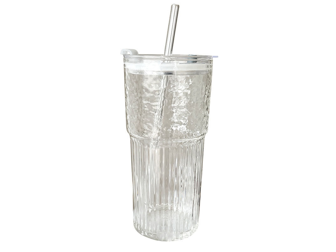 Copo De Vidro De 600ml Com Tampa E Canudo, Estampa De Linhas, Transparente.