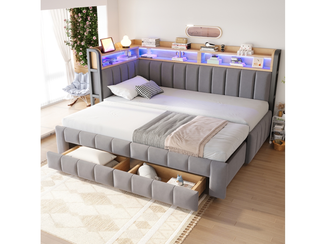 Cama De Sofá Estofada Veludo Cinza Claro 90x200 Cm