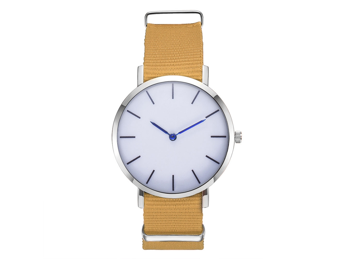 Relógio masculino de quartzo com pulseira de nylon, mostrador redondo, elegante e casual, bege.