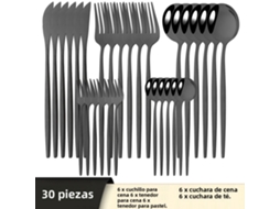 Conjunto de Talheres de Aço Inoxidável com 30 Peças: Faca, Garfo, Colher, Talheres e Utensílios de Prata. MDUG (preto)