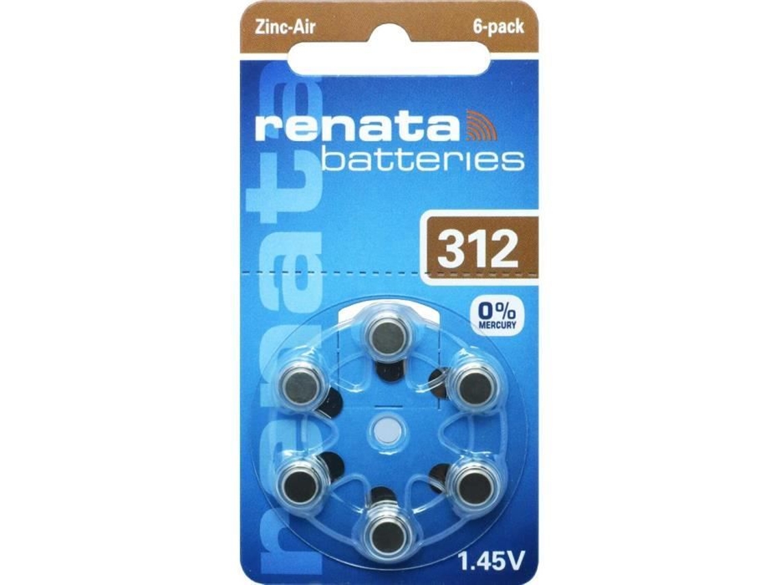Blister com 6 Baterias para Aparelhos Auditivos Za312 Zinc Air 0% Mercúrio 1 45V RENATA