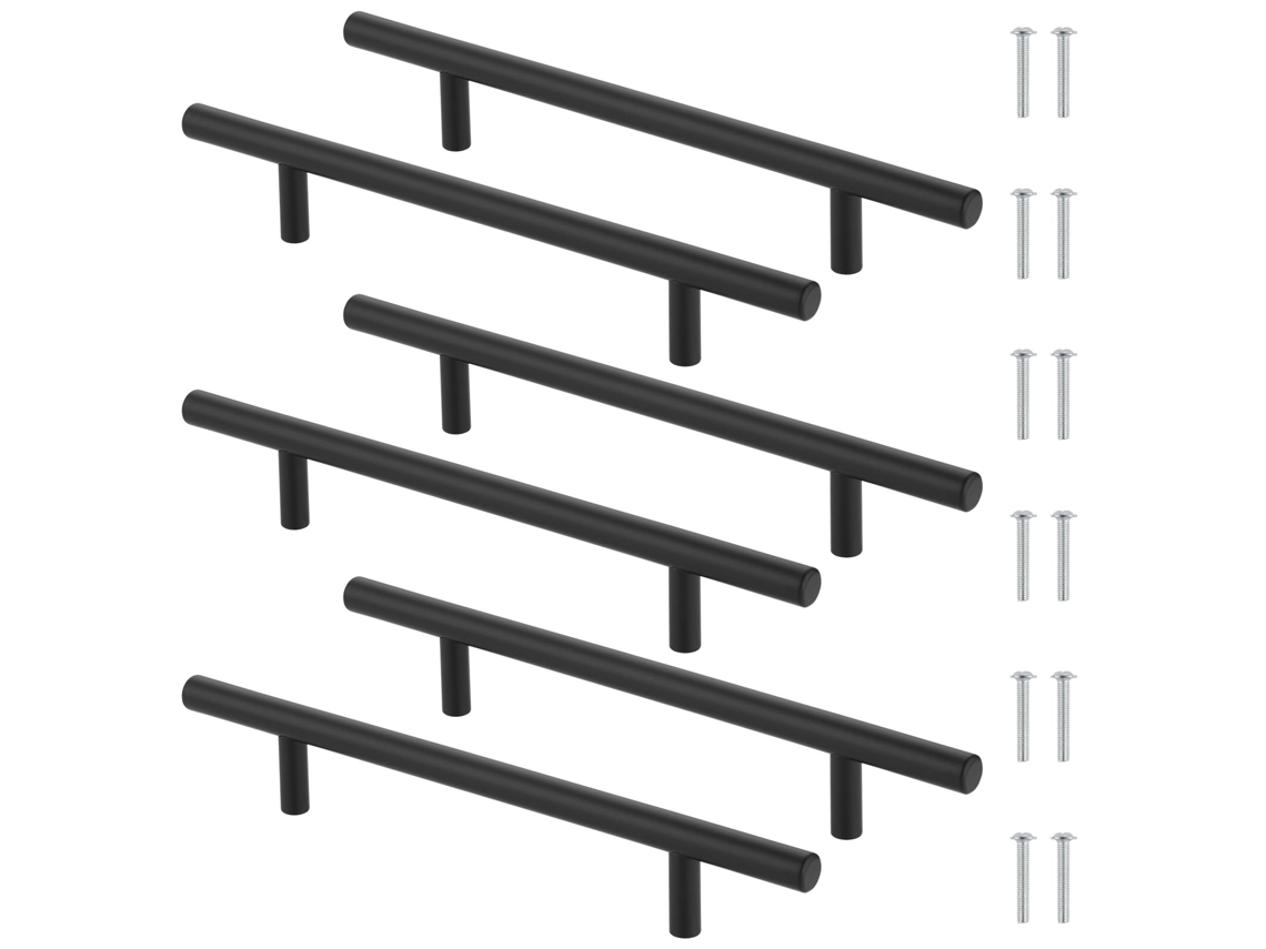 Puxadores Pretos em Aço Inoxidável 6 Peças, 128mm com Parafusos para Armários, Gavetas, Roupeiros