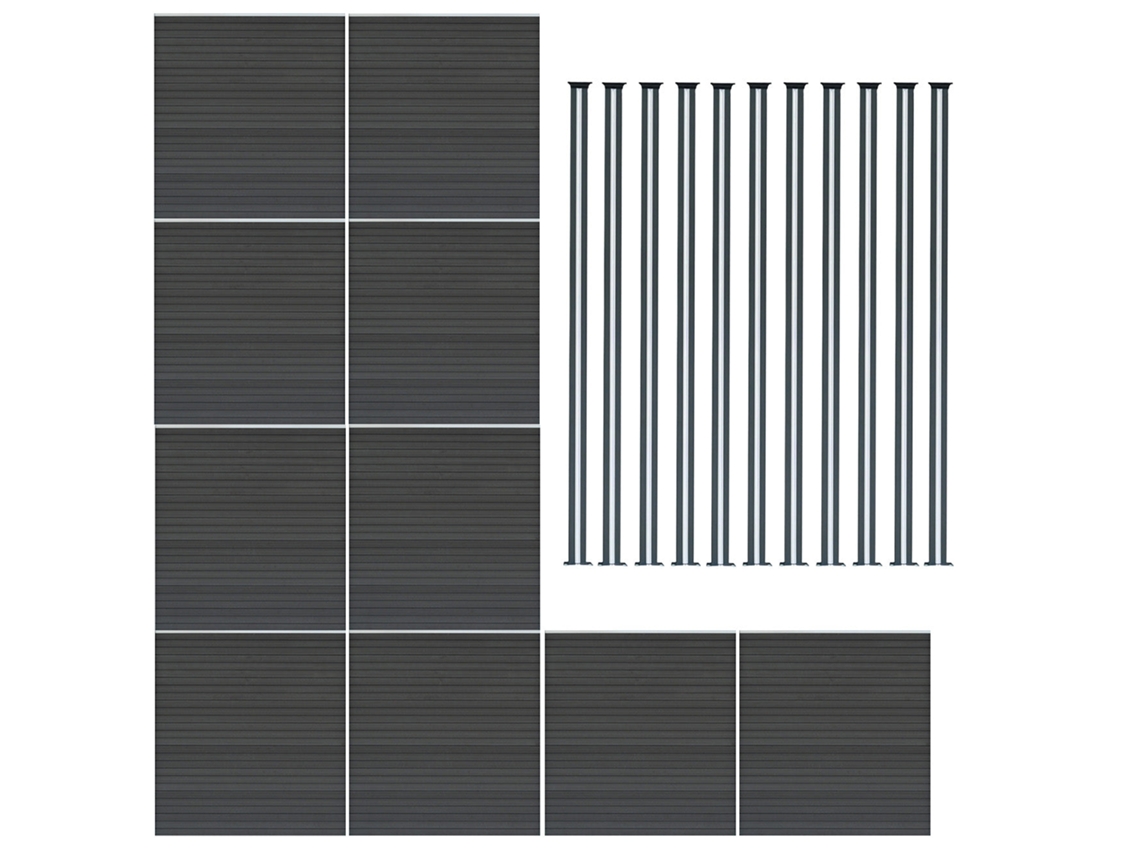 Vedao Exterior Wpc 185x1737cm | Cinzento | 10 Painis 11 Postes De Alumnio Com Led Solar | Painel Dupla Face | Monstershop