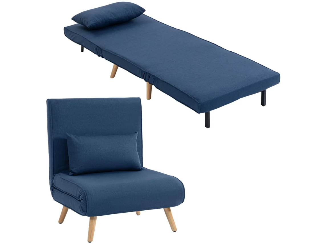 Sofá Cama Individual Linho Encosto Ajustável 5 Posições Almofada Azul Escuro 72x75x85cm S/MARCA