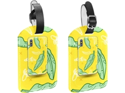 Conjunto De 2 Etiquetas Bagagem Mão Masculinas, Com Estampa De Folha Bananeira Amarela E Design Celular, Em Couro