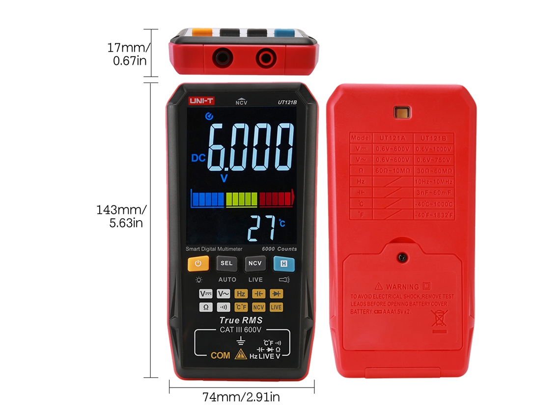 Yuru uni t Ut121b Multímetro Digital Inteligente Portátil Mini Tester Universal com Tela Lcd Colorida 3.3 Polegadas e Lanterna
