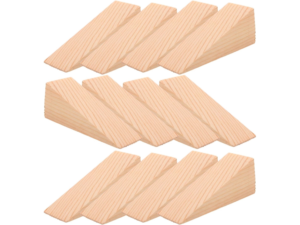 Conjunto de 12 Cunhas Triangulares Antiderrapantes de Madeira Maciça Sem Acabamento para Portas, Medindo 10x2x2 Cm. SFUSHOS