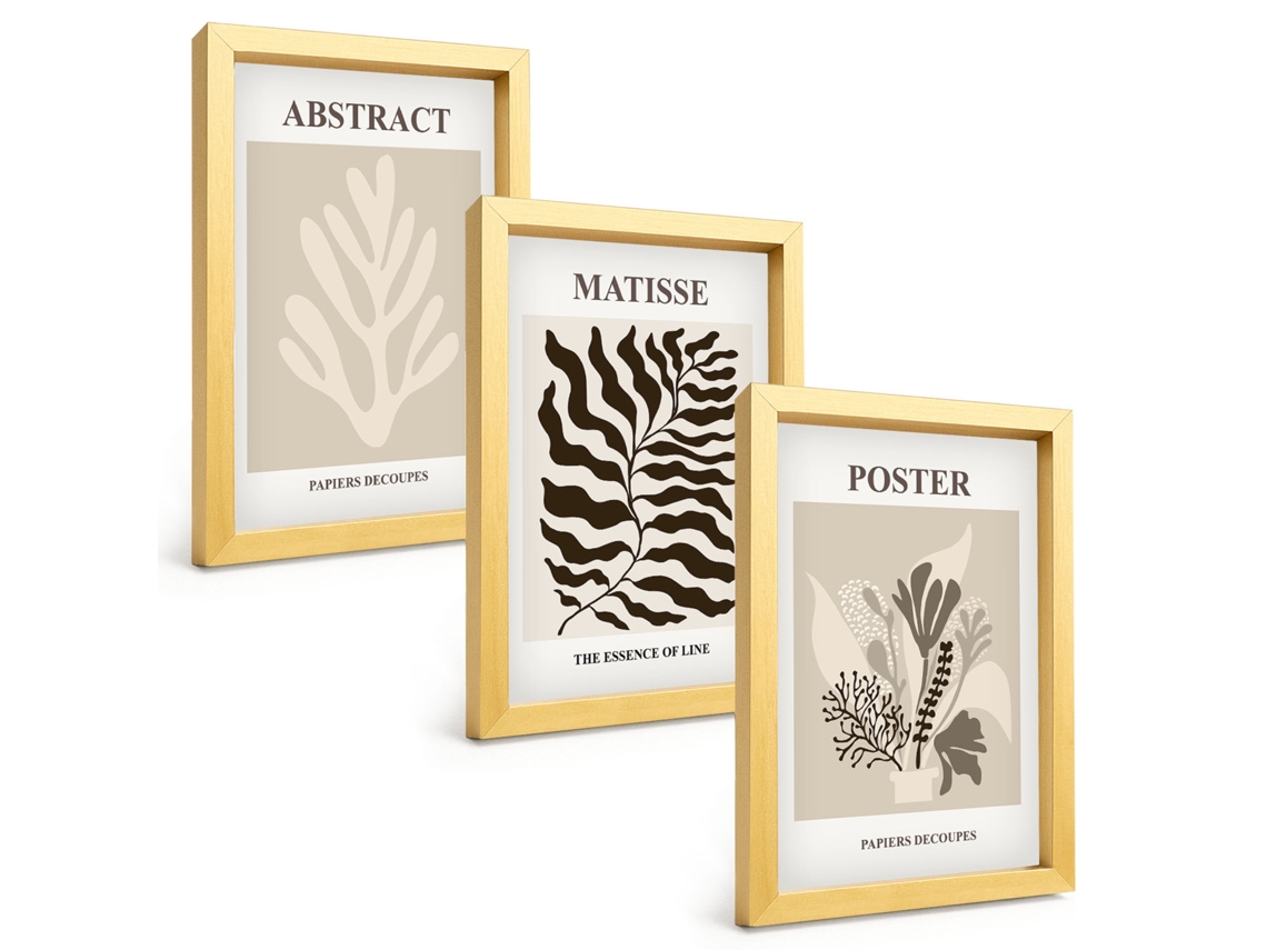 Composição De Quadros Padrões De Plantas Em Bege E Marrom Espelharte (3 Peças 20x30 Cm)
