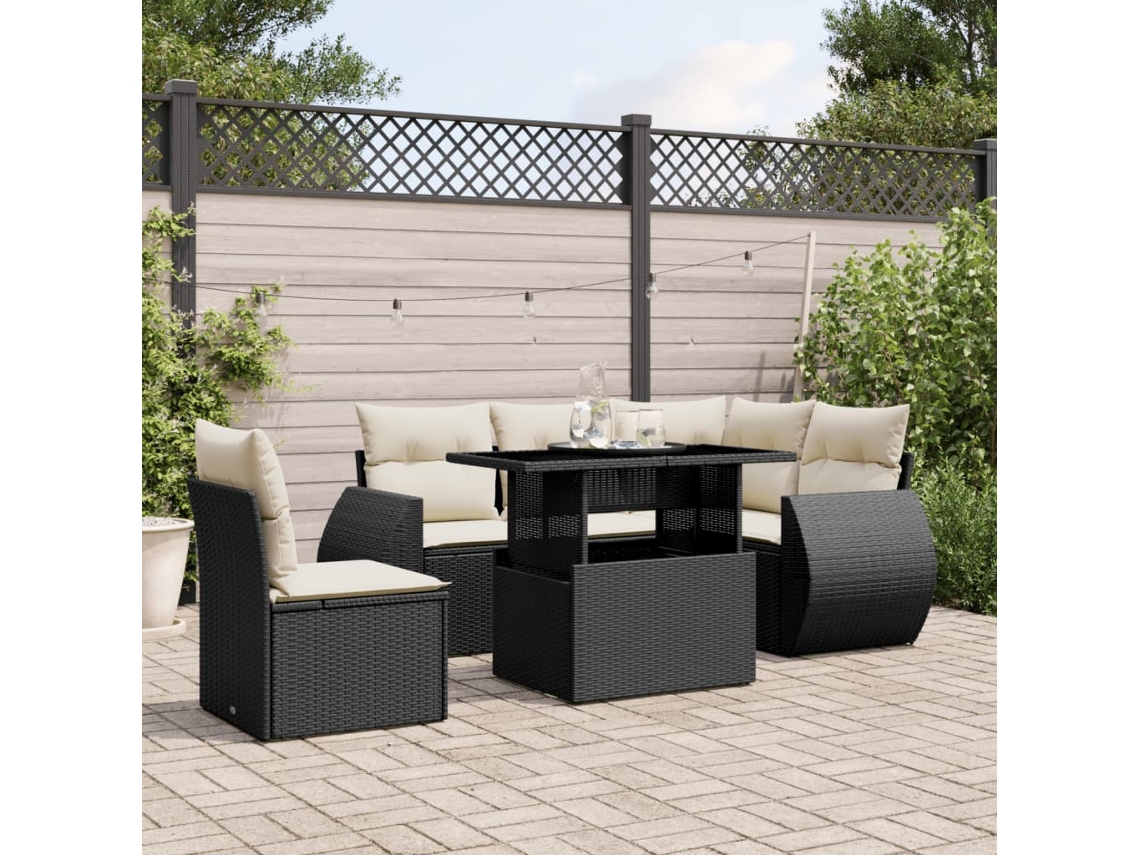 Vidaxl 6 Pcs Conjunto Sofás De Jardim C/ Almofadões Vime Pe Preto