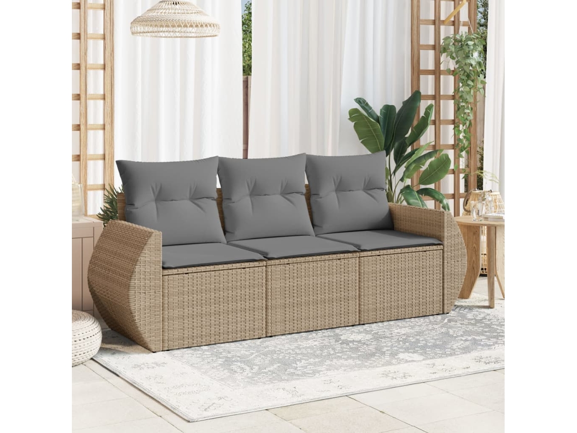 Vidaxl 3 Pcs Conjunto De Sofás P/ Jardim Com Almofadões Vime Pe Bege