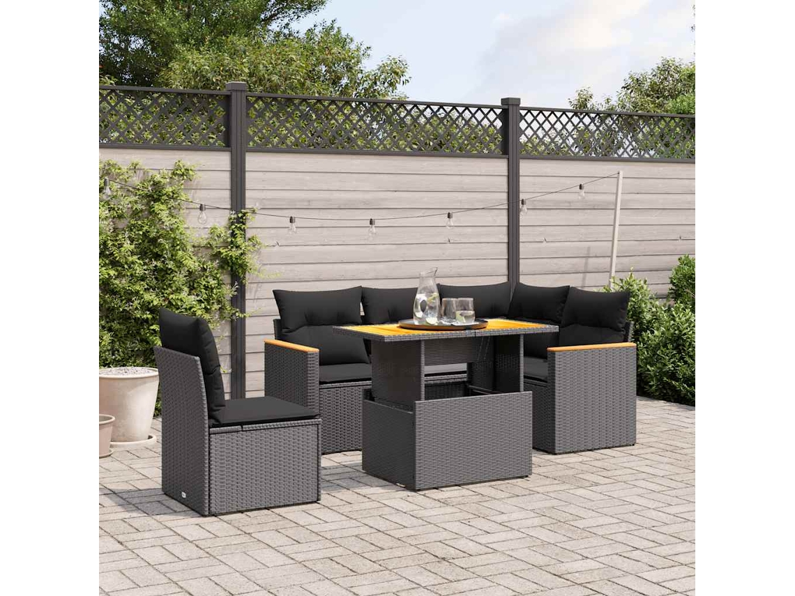 Vidaxl 6 Pcs Conjunto Sofás De Jardim C/ Almofadões Vime Pe Preto