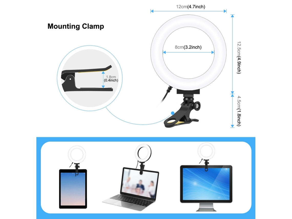Luz Anular Usb Puluz 12cm 3200-5600k 10 Níveis De Brilho Com Pinça Para Vídeo Em Vivo E Laptops