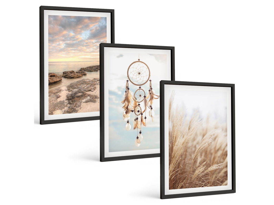 Composição De Quadros Mar, Nuvens, Apanhador De Sonhos, Grama Moldura Preta Fotos Para O Escritório Espelharte (3 Piezas De 40x60 Cm)