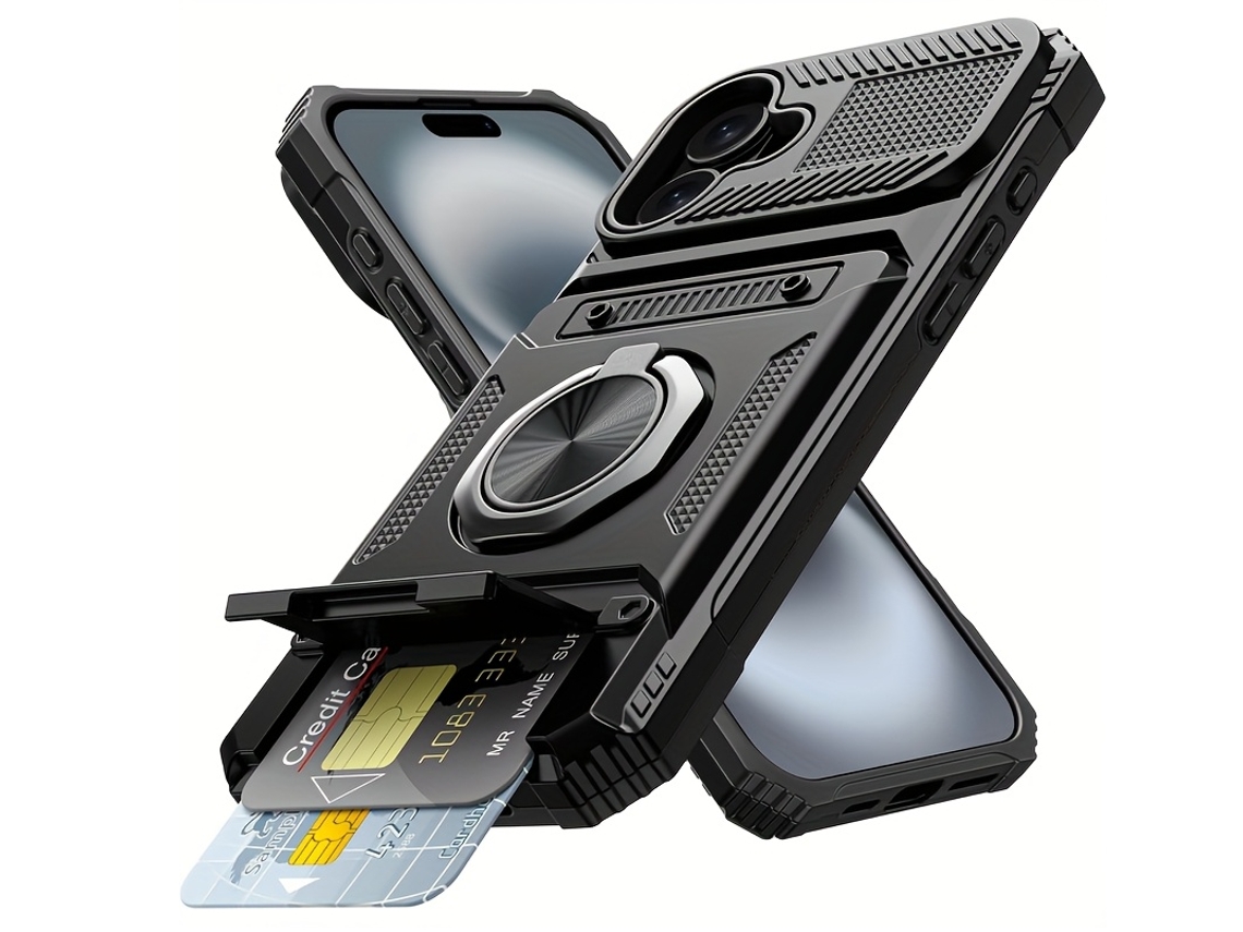 Capa para Iphone 17 Pro de 6.3 Polegadas com Carteira, Porta 2 Cartões e Suporte Anel, Proteção Nível Militar, Celular À Prova Choque, Preta AQUAFORGE