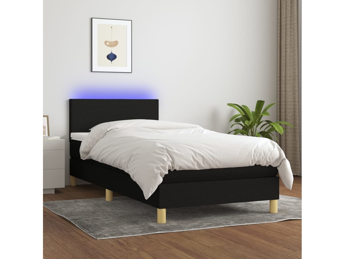 Vidaxl Cama Box Spring C/ Colchão E Led 90x190 Cm Tecido Preto