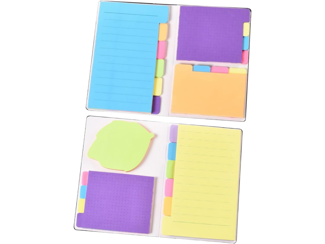 Conjunto de 2 blocos de notas adesivas com linhas e marcadores de página, estilo universitário.