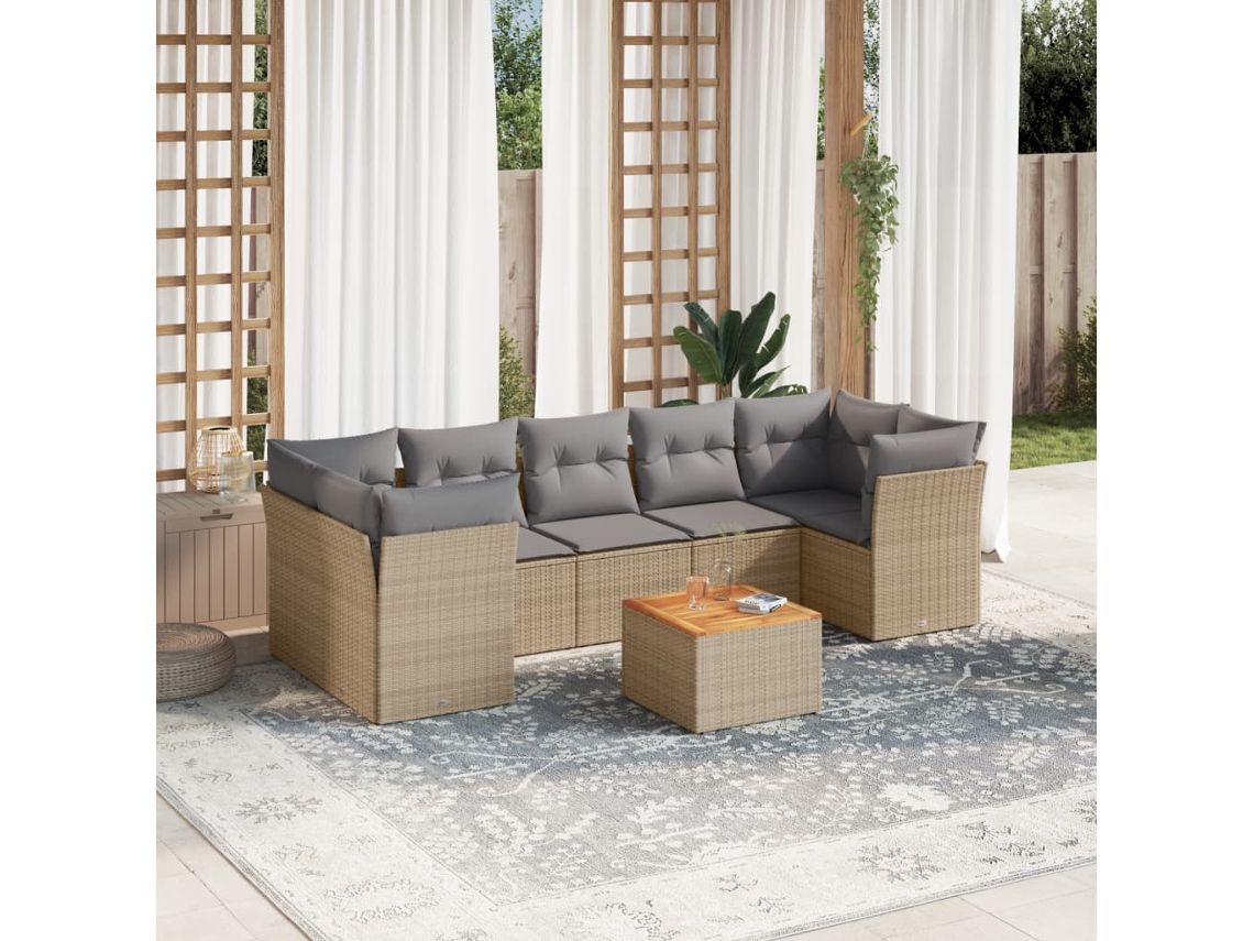 Jogo 8 Peças Sofás Jardim C/ Almofadões Vime Pe Bege Misturado Dkd Home Decor
