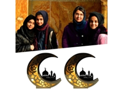 Decoração de Ramadã Eid Mubarak com Luzes LED, Lua Dourada, Lampada de Madeira Oca