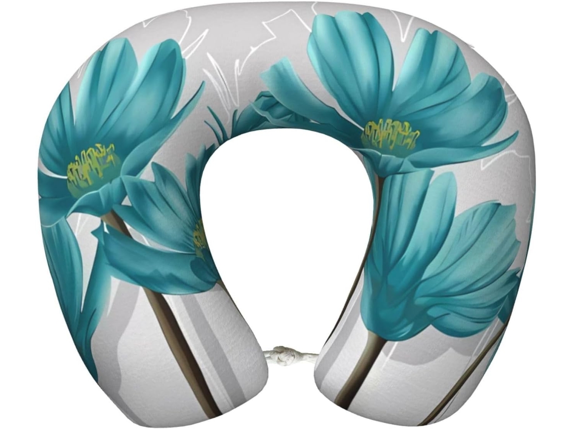 Travesseiro de Viag em Espuma Viscoelástica com Estampa Floral Tons Azul Suporte Confortável Formato U para o