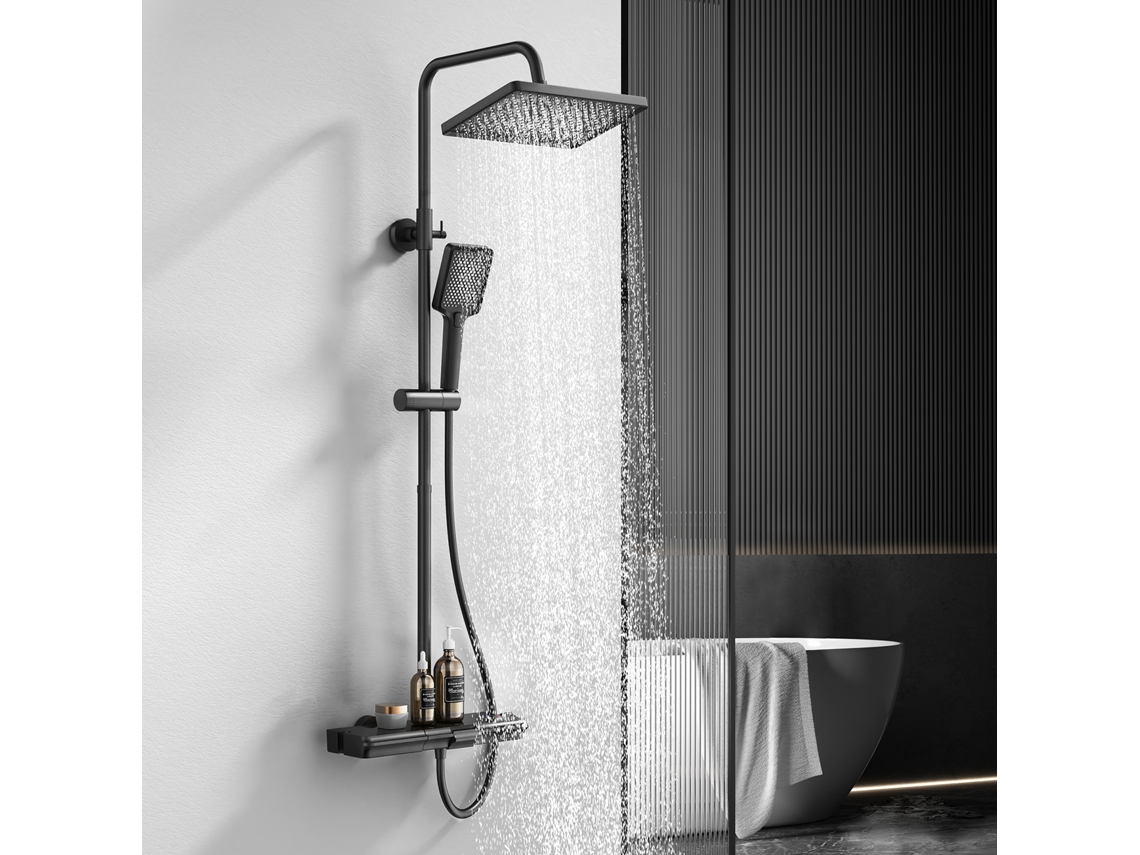 Coluna De Duche Termostática Preta Chuveiro Superior Grande Ducha De Mão 4 Funções Duche Termostático Prateleira 400 Mm Altura Ajustável Casa De Banho