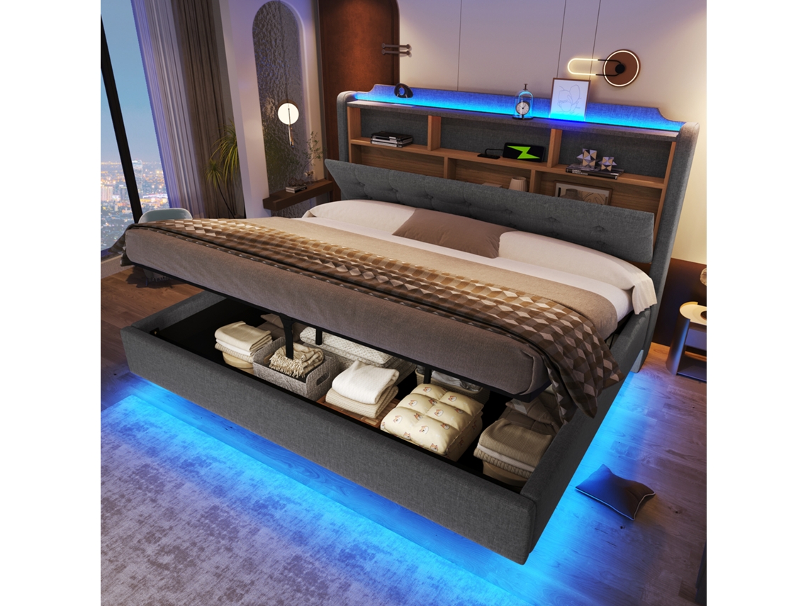 Cama Acolchoada Com Iluminacao Led E Porta Usb Suspendido Na Parede De Textil 200 Cm