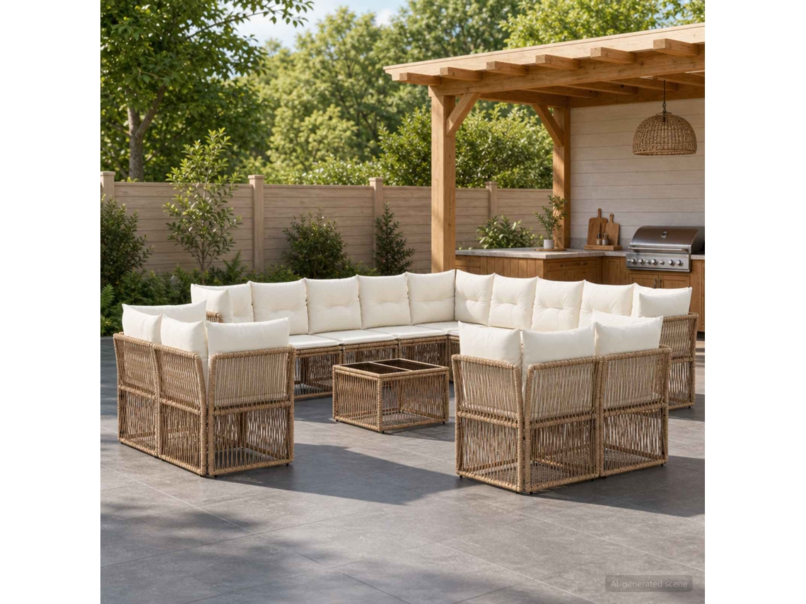 Vidaxl Conjunto De Sofá De Jardim 14 Unid. Bege Vime Pe