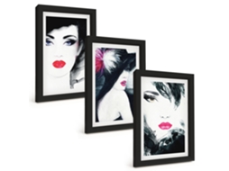 Um Conjunto De Imagens Decorativas Em Uma Molduraretratos De Mulheres Com Lábios Moldura Preta Pinturas De Quarto Espelharte (3 Peças 20x30 Cm)