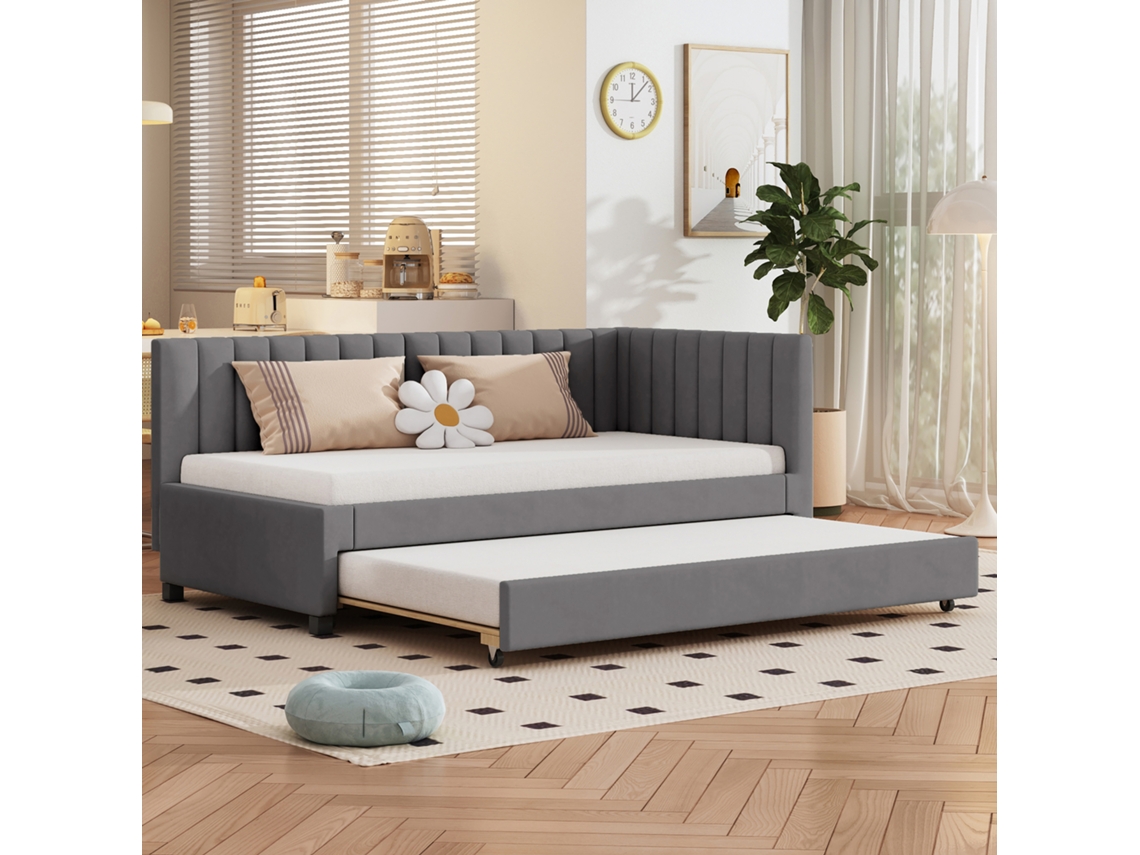 Cama Estofada 90x200 Sofá-cama Ripas Veludo Cinza
