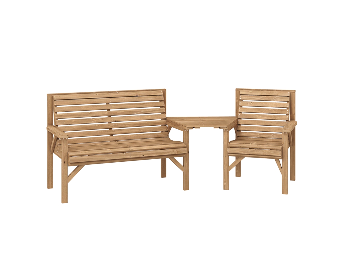 Conjunto de 3 cadeiras de jardim com mesa removível, 121x65x90cm, com furo para guarda-sol, madeira natural BTFORUS