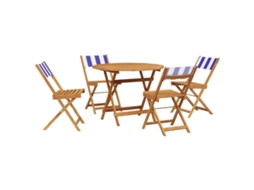 Conjunto 5 jantar p/ jardim tecido/VIDAXL madeira maciça azul e branco