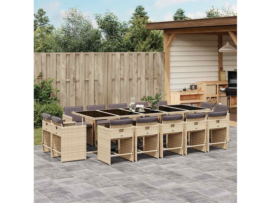 Vidaxl 15 Pcs Conj. Jantar Jardim C/ Almofadões Vime Pe Bege Misturado