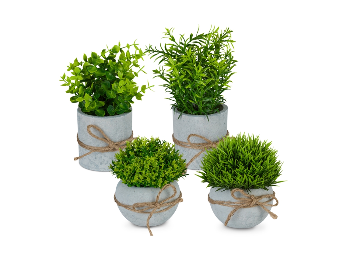 Relaxdays Plantas Artificiais, Conjunto De 4, Em Vaso, Plástico, Pedra, Relva, Alecrim, Buxo, Verde/cinzento