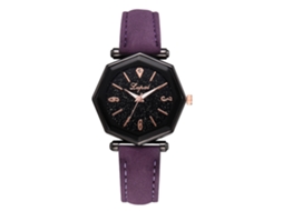 Relógio Analógico Feminino com Pulseira de Couro Pu e Mostrador Geométrico Roxo