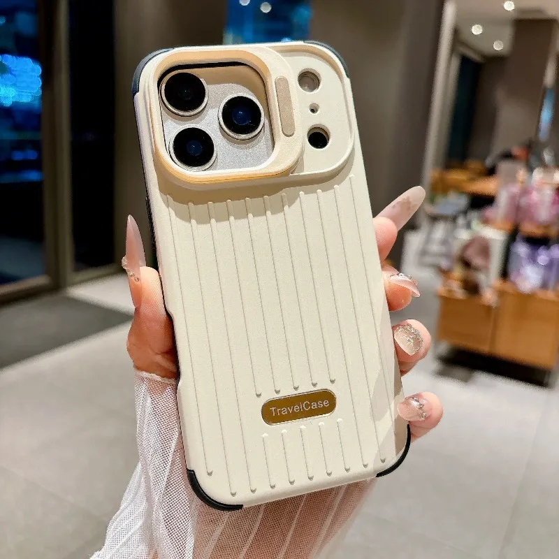 Capa Para Iphone 15 Pro Branca Com Estampa Listrada Fosca E Suporte Para Lente Da Câmera.