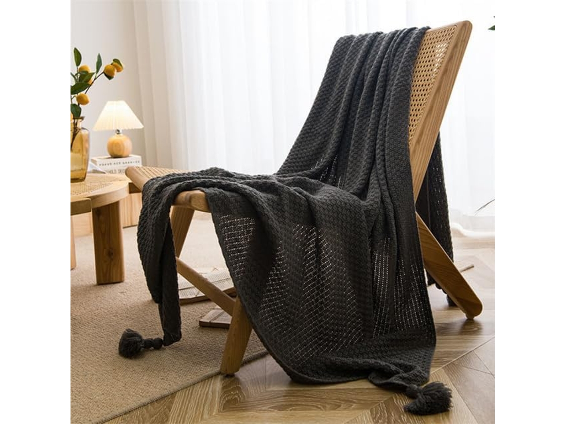 Mantas de Estilo Nórdico para Cama e Sofá Colcha Malha Grossa com Pompom Manta Cor Sólida Relevo, Macio, Quent