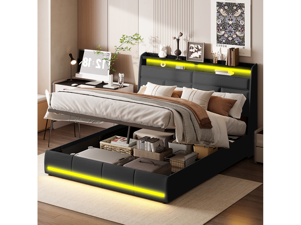 Cama Estofada 140x200 Cm, Cama De Casal, Com Caixa De Armazenamento, App Control Led, Tecido De Couro Pu Preto