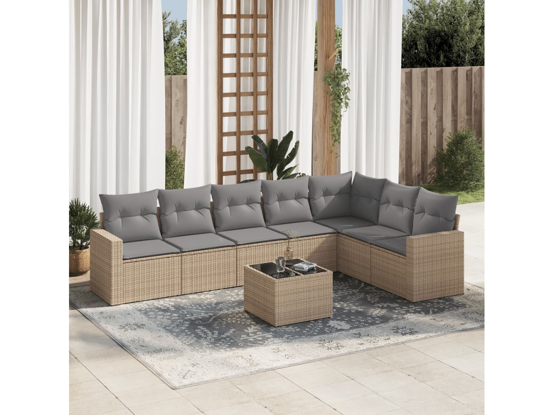 Vidaxl 8 Pcs Conjunto De Sofás P/ Jardim Com Almofadões Vime Pe Bege