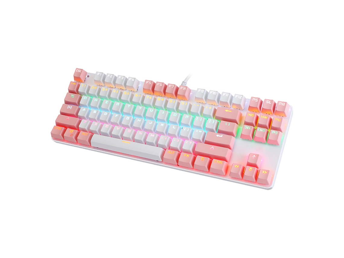 Teclado Mecânico Com Fio Bajeal De 87 Teclas Com Interruptor Azul, Luz Mista E Botão De Suspensão Branco+rosa