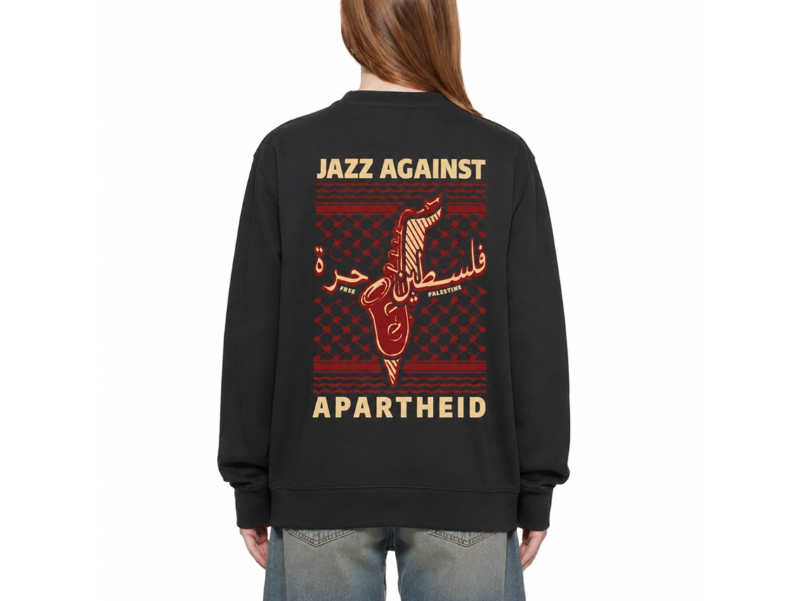 Moletom preto Rockinstone Jazz Against Apartheid com estampa dupla face e design exclusivo.
