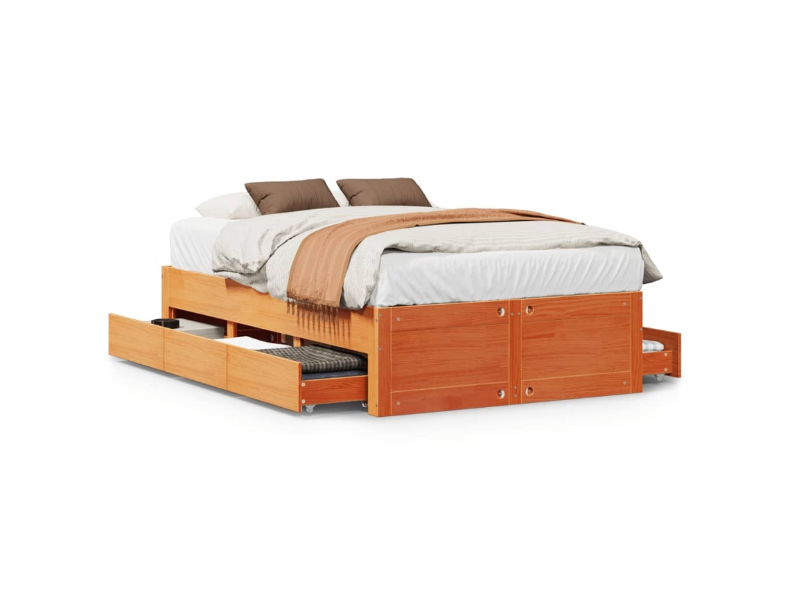 Cama Sem Colchão MAISON EXCLUSIVE com Gavetas em Madeira Pinho Maciça Castanho Mel