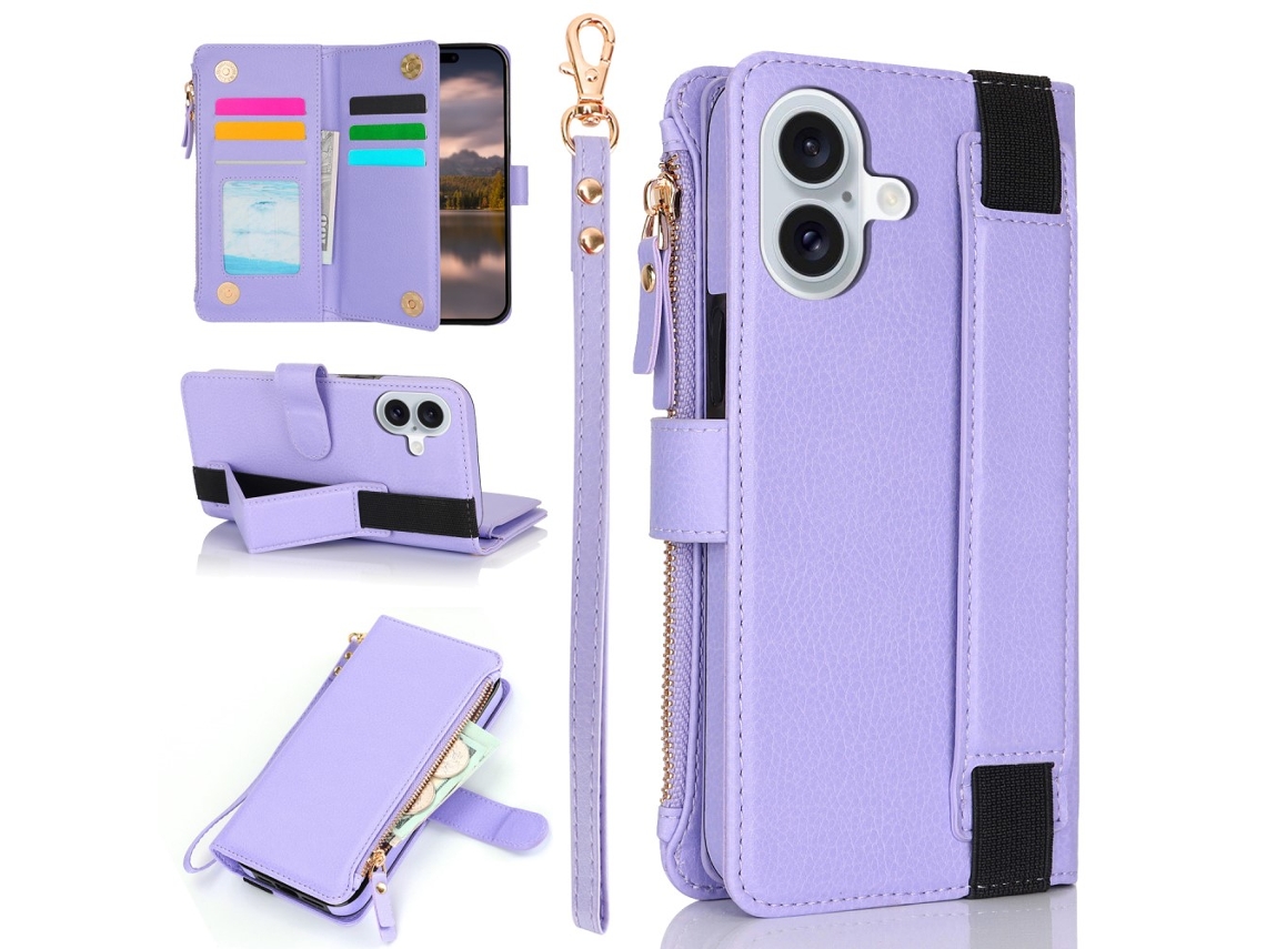Capa Em Couro Pu Com Suporte, Para Apple Iphone 16 - Roxo